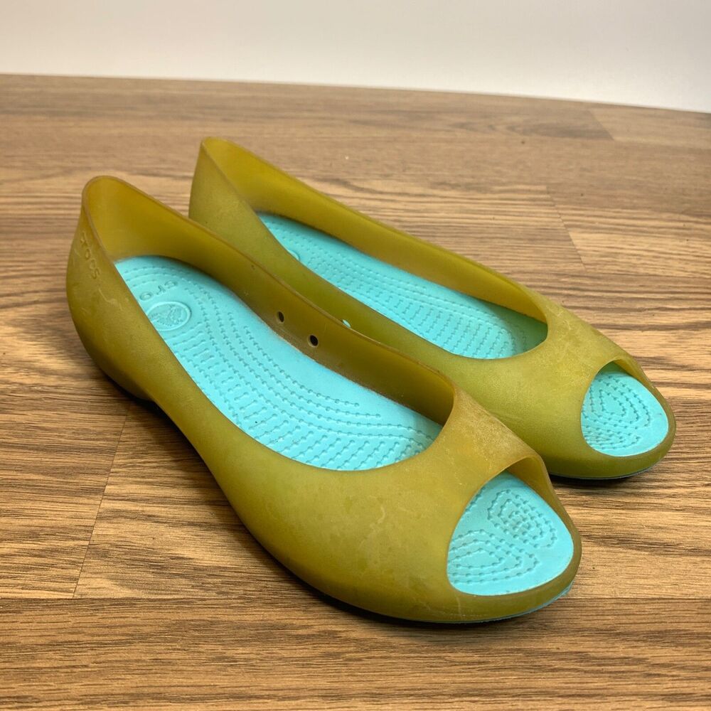Womens Sz 7 Crocs Carlie Peep Toe Slip On Ballet Flats Sandals Green Jelly Shoes
